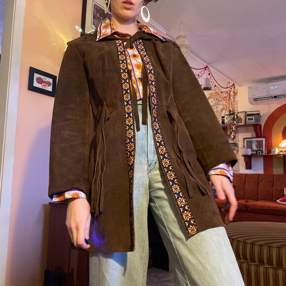 1960s hippie festival dark suede tribal edge fringe hooded jacket! - Picture 1 of 11